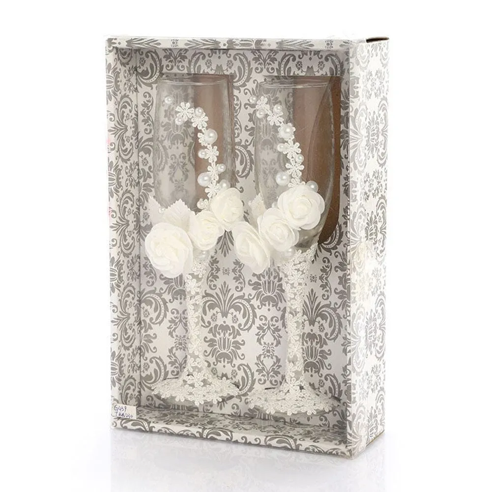 Two Bridal Groom Wedding Led Free Crystal Champagne Wine Glasses Set of Two