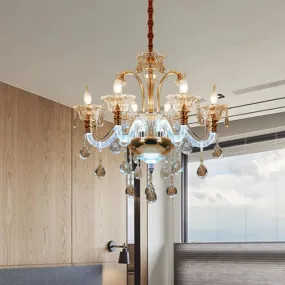Vintage Clear Crystal Candle Chandelier - Elegant 6 Bulb Dining Room Hanging Lamp with Glass Shade