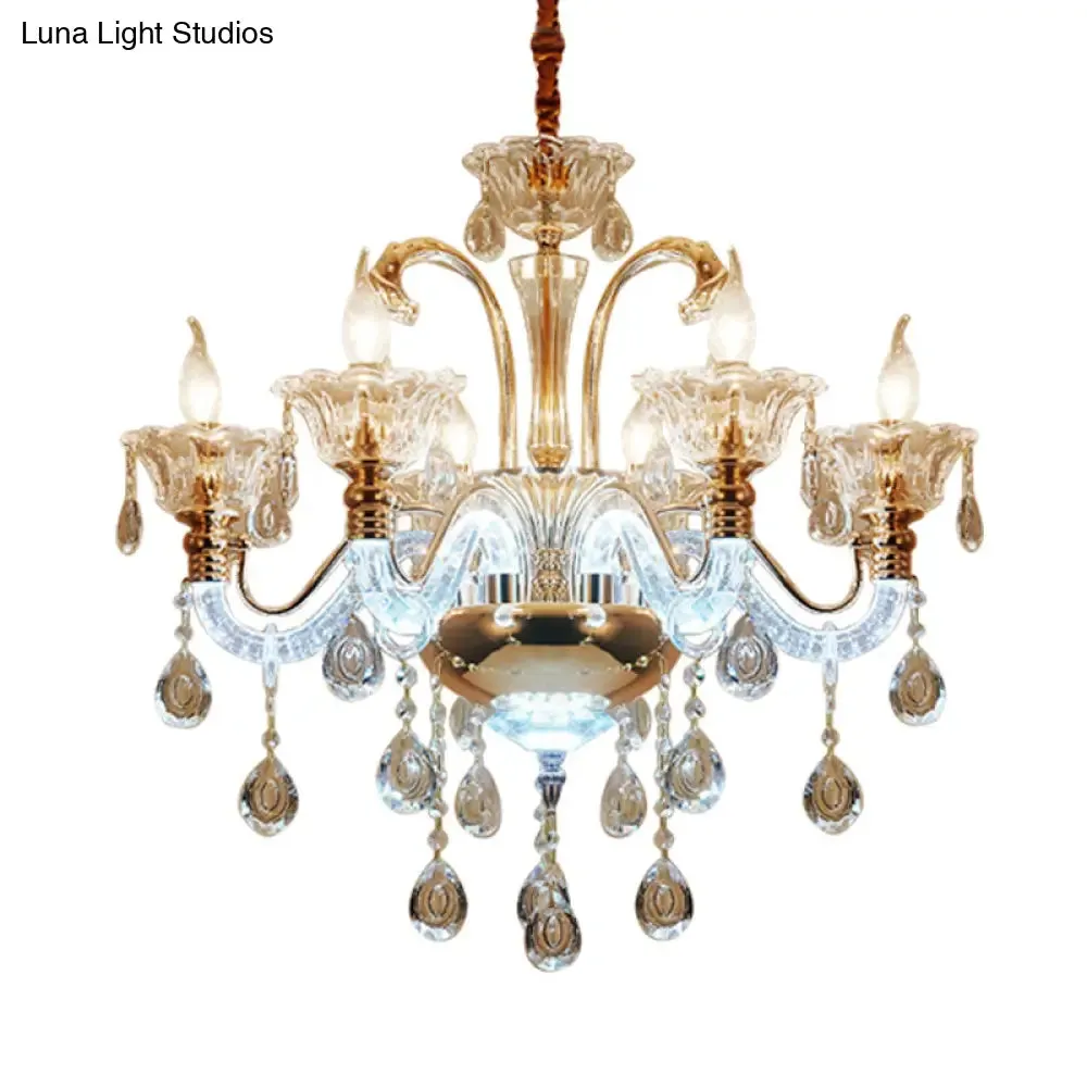 Vintage Clear Crystal Candle Chandelier - Elegant 6 Bulb Dining Room Hanging Lamp with Glass Shade