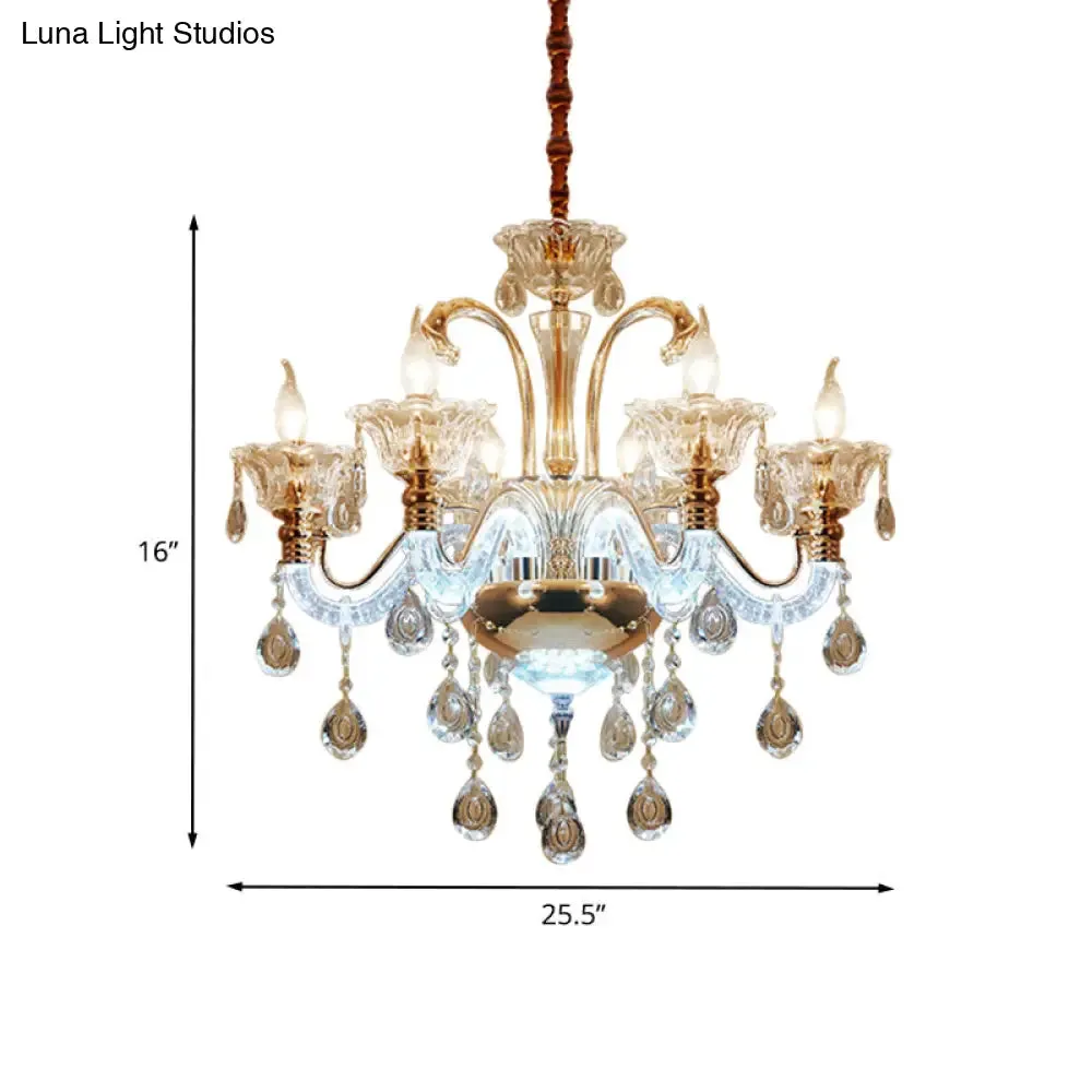 Vintage Clear Crystal Candle Chandelier - Elegant 6 Bulb Dining Room Hanging Lamp with Glass Shade