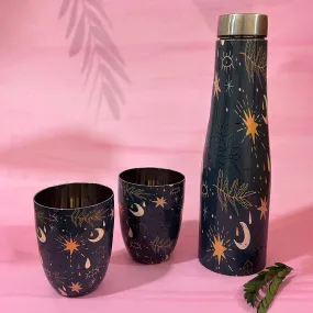 Water Bottle | Stainless Steel | Printed | With 2 Glasses | Blue